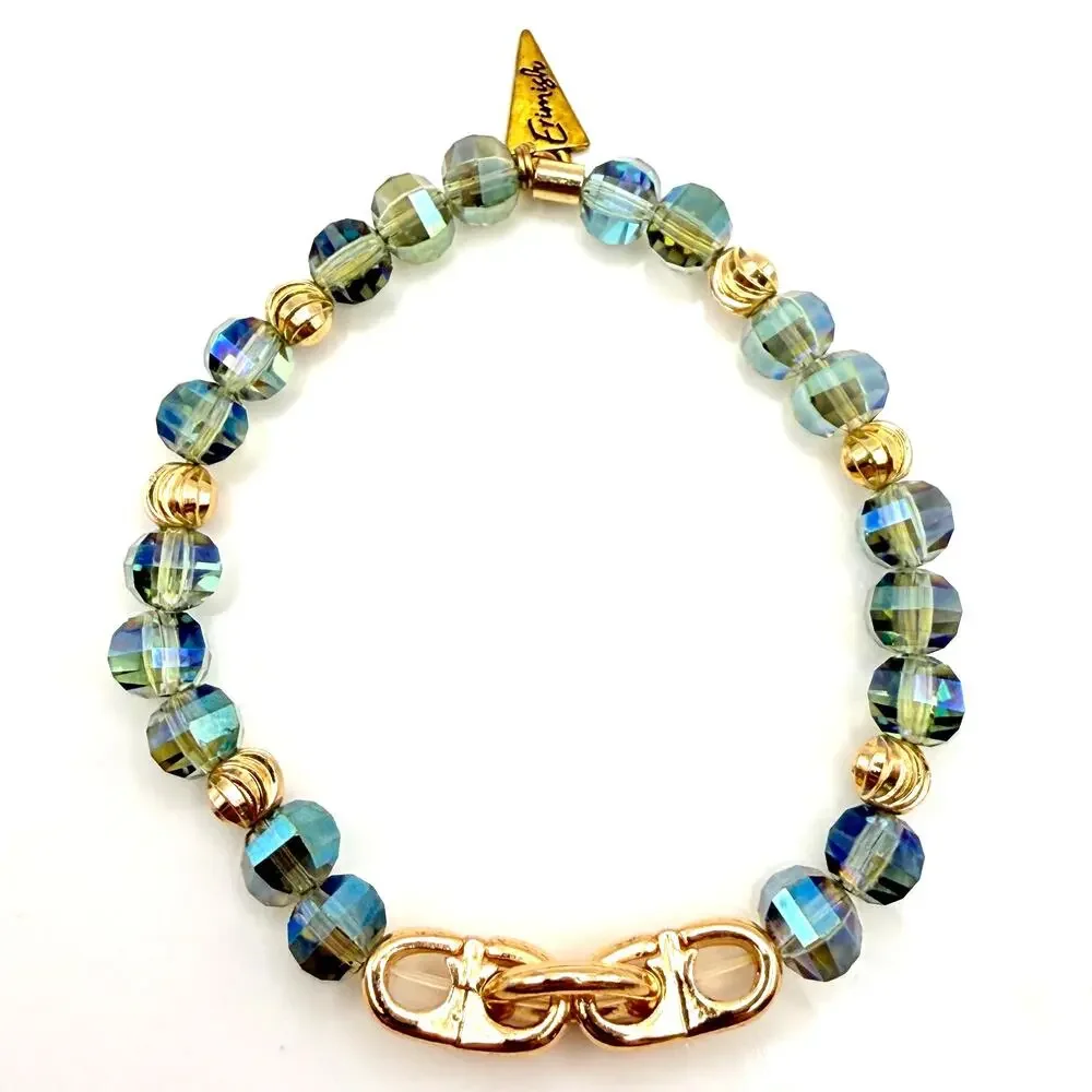 Erimish Blue Aurora Borealis Crystal Beaded Stacking Bracelet Stretch Gold Tone